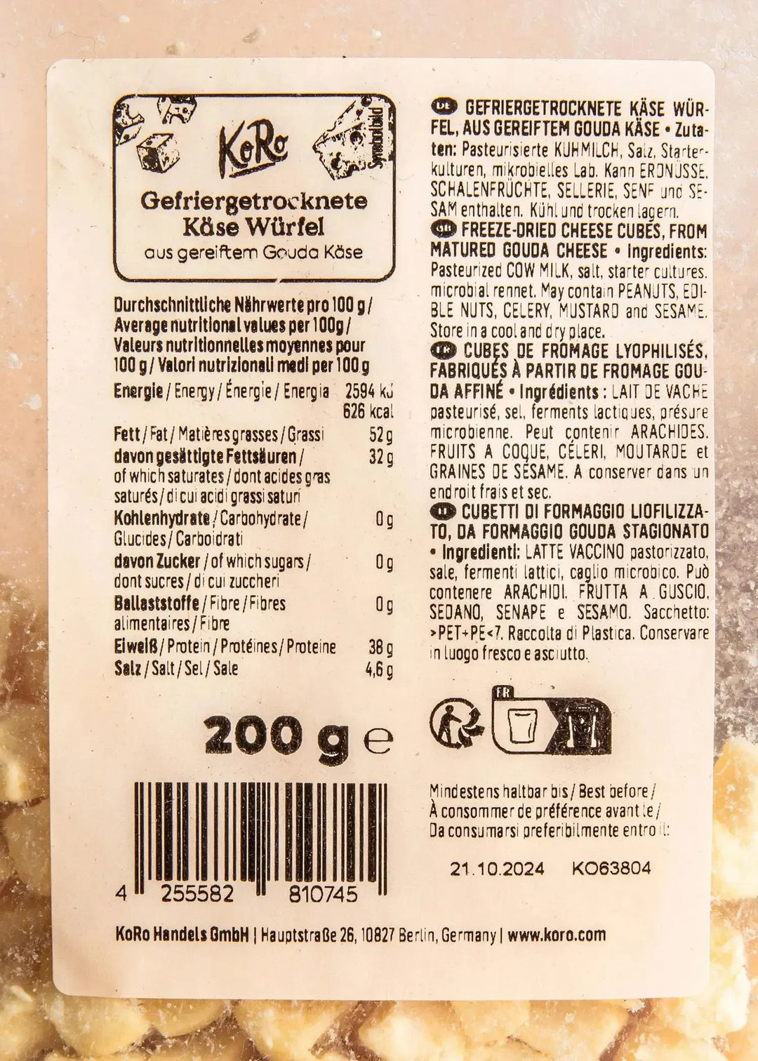 KoRo Gefriergetrockneter Käse in Würfeln | 200 g - fitgrade.ch