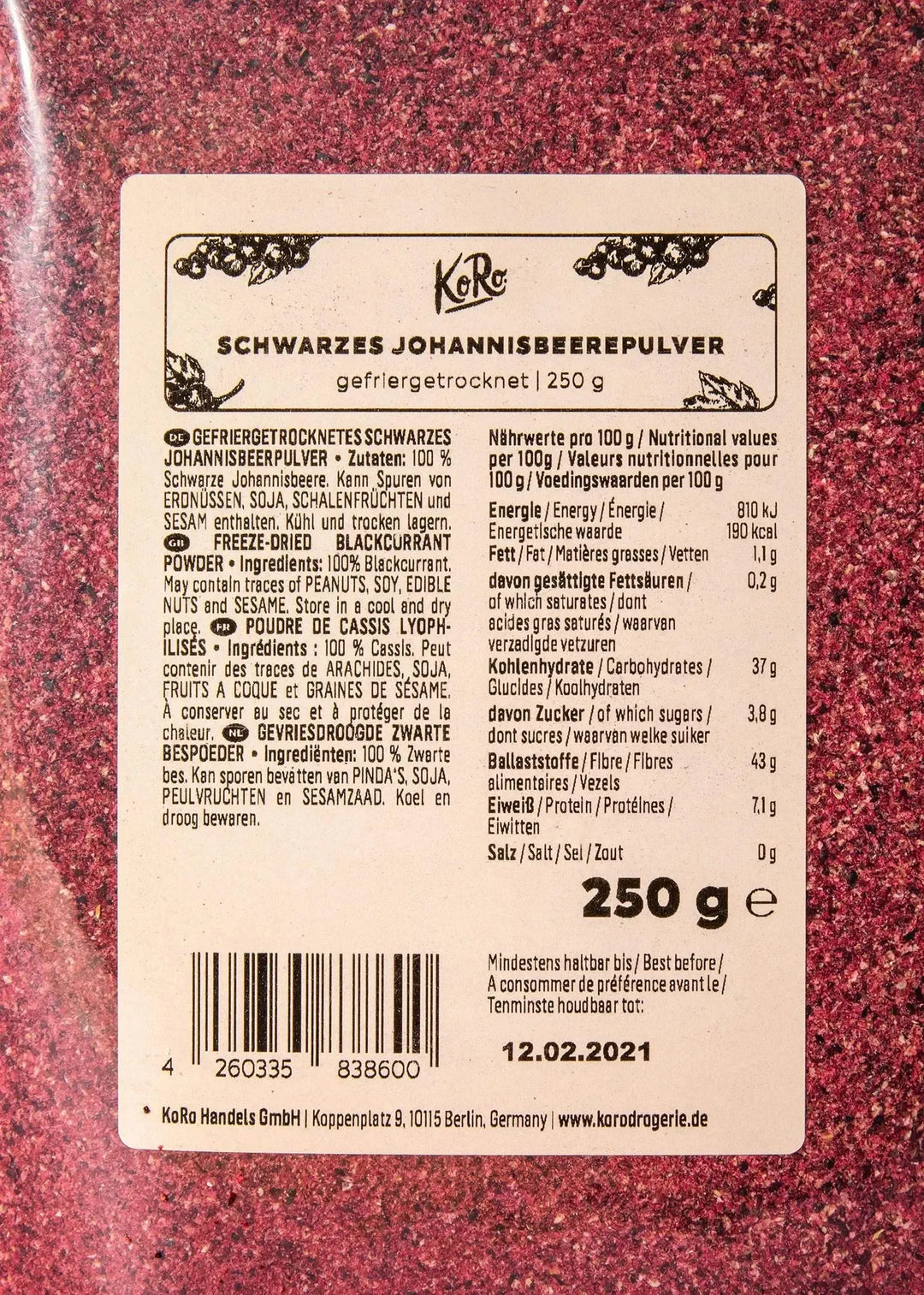 KoRo Gefriergetrocknetes schwarzes Johannisbeerpulver | 250 g - fitgrade.ch