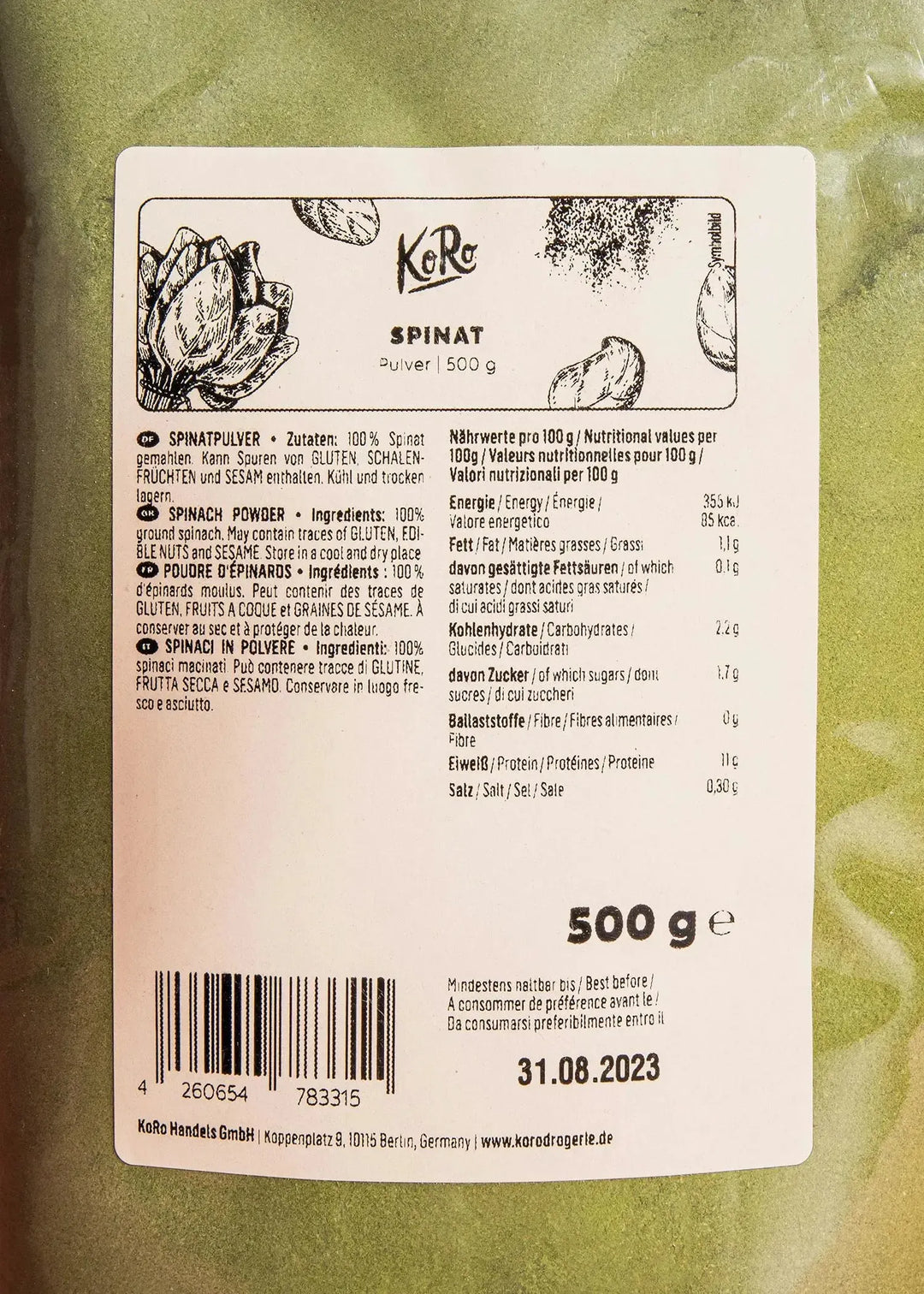 KoRo Spinat Pulver | 500 g - fitgrade.ch