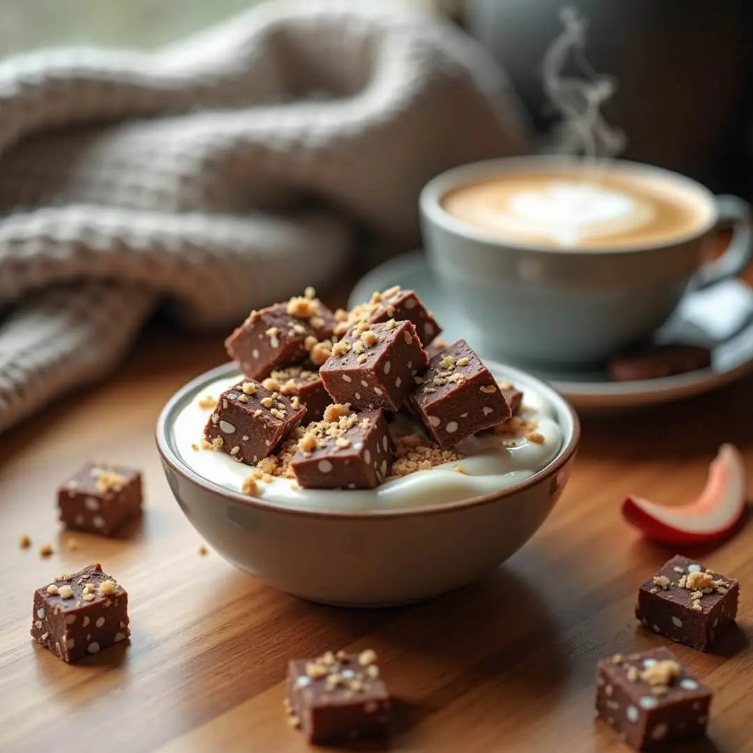 Gekühlter Kokos-Proteinriegel als Joghurt-Topping - fitgrade.ch