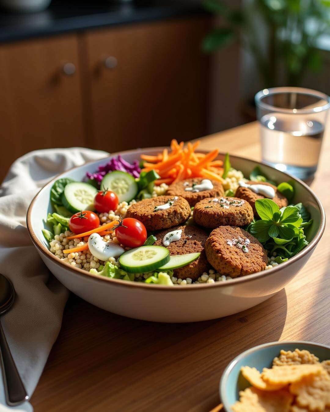 Knusprige Falafel-Bowl mit Linsenchips-Topping - fitgrade.ch