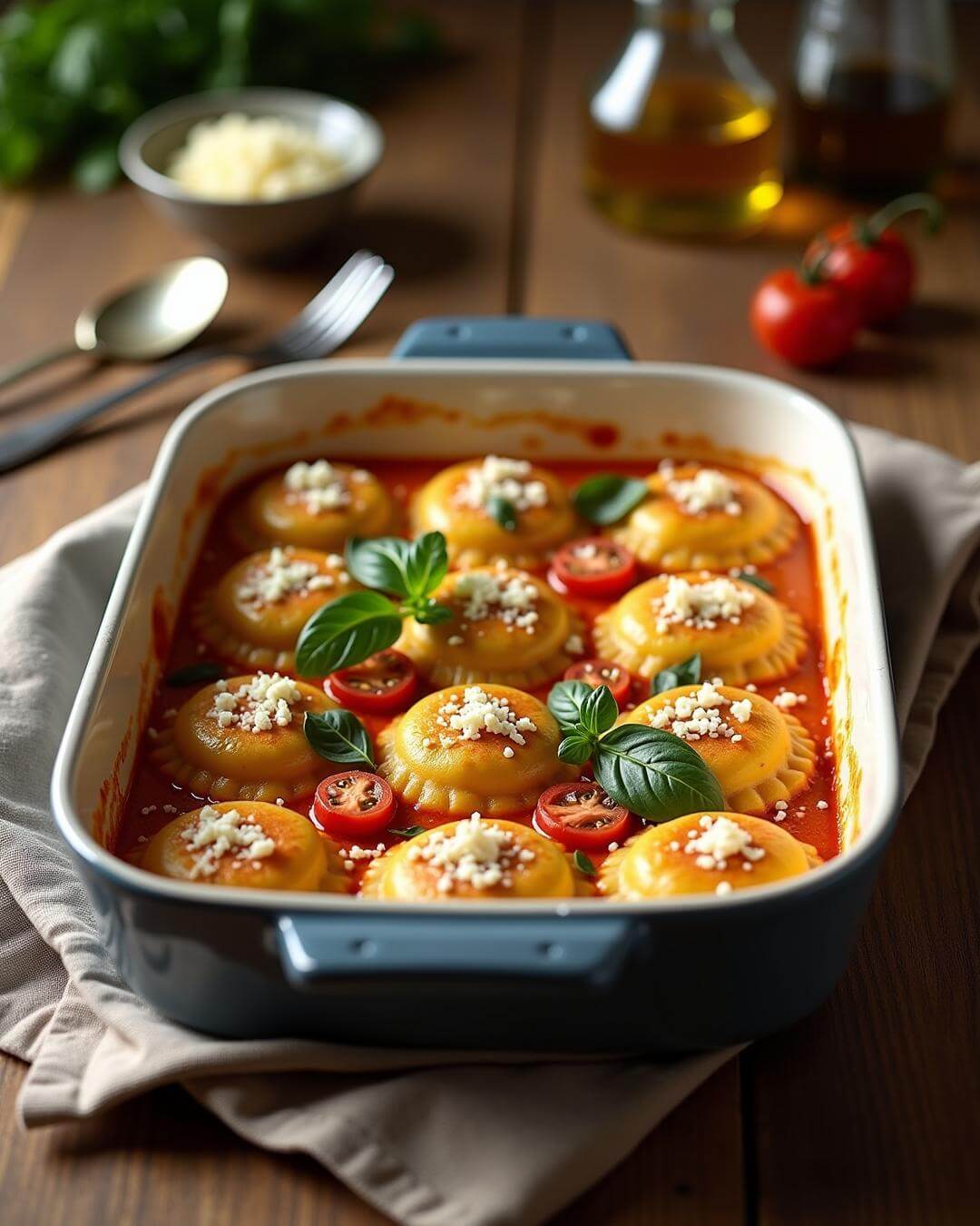 Cremige Ofen-Ravioli mit Tomate und Ricotta - fitgrade.ch