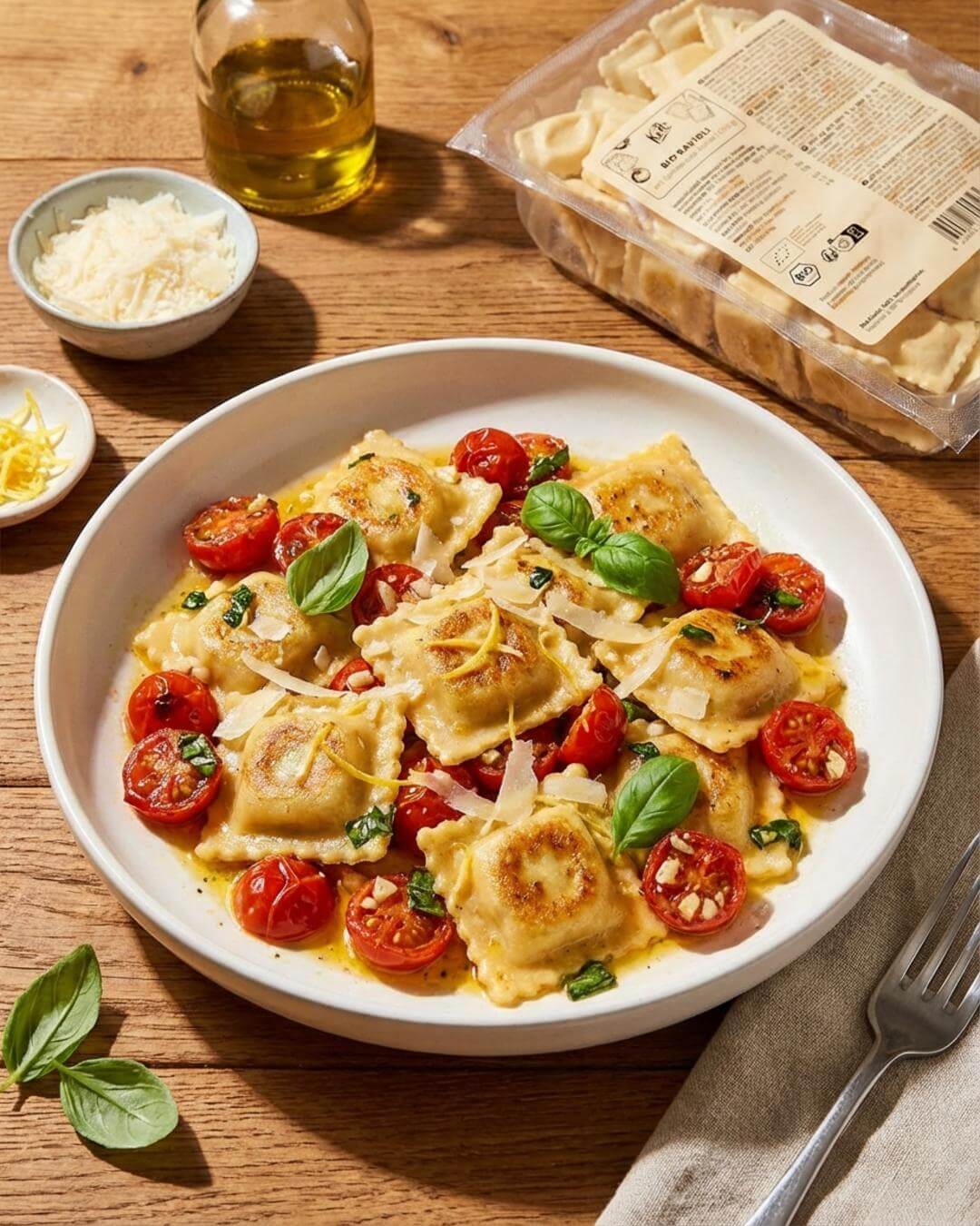 Knusprige Pfannen-Ravioli mit Tomate und Ricotta - fitgrade.ch