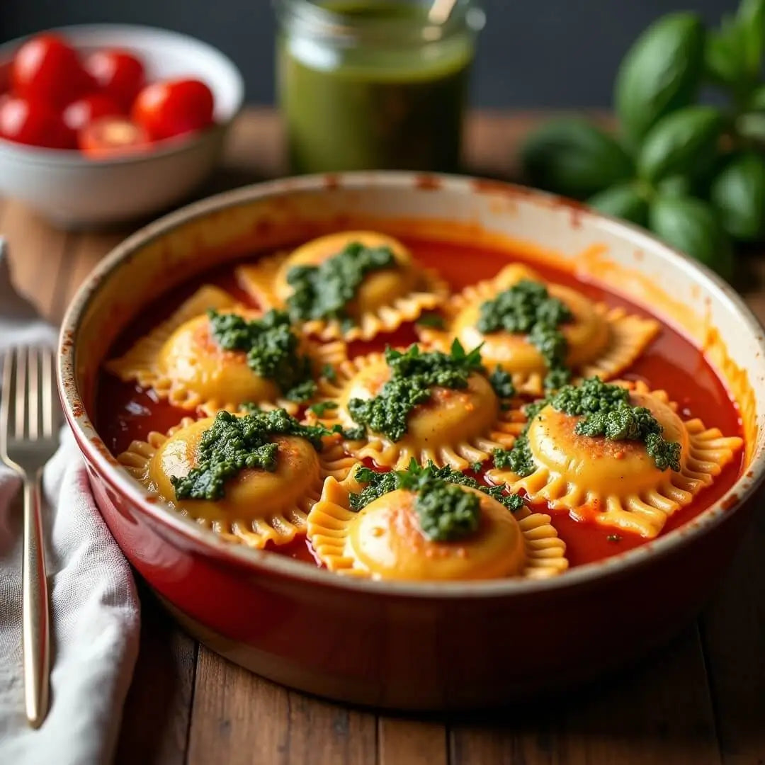 Ofen-Ravioli in cremiger Tomaten-Pesto-Sauce - fitgrade.ch