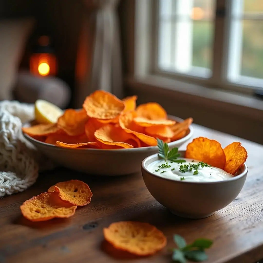 Warme Bio Süsskartoffel Chips mit cremigem Winter-Dip - fitgrade.ch