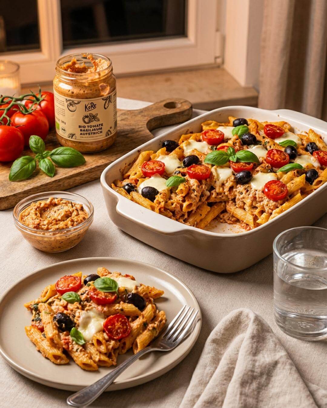 Mediterrane Ofenpasta mit Tomate-Basilikum - fitgrade.ch
