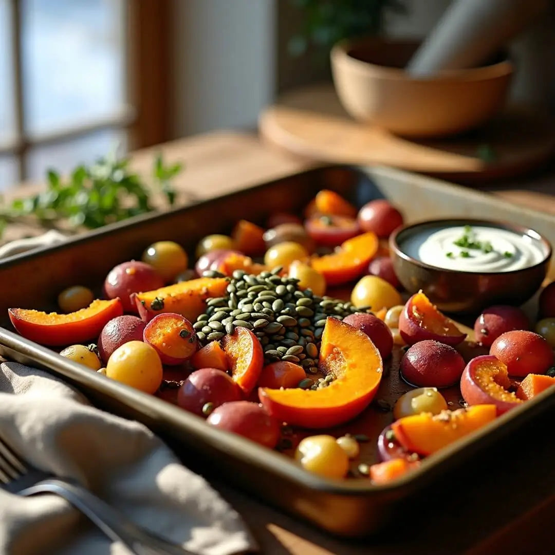 Herbstlich-winterliches Ofengemüse mit Kürbiskern-Crunch - fitgrade.ch