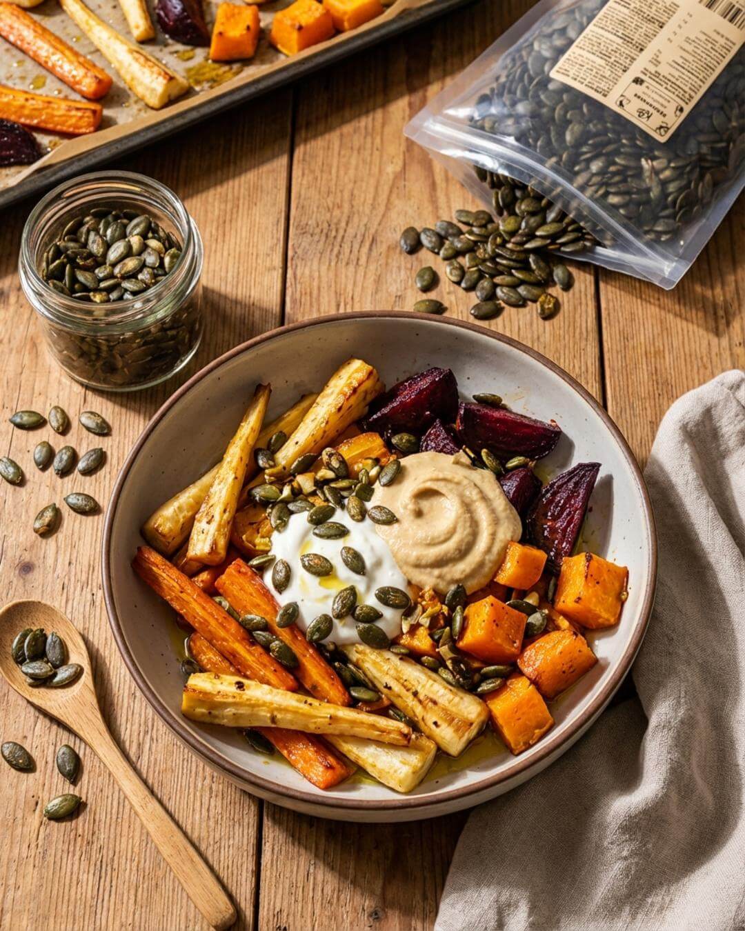 Warme Ofengemüse-Bowl mit Kürbiskern-Crunch - fitgrade.ch