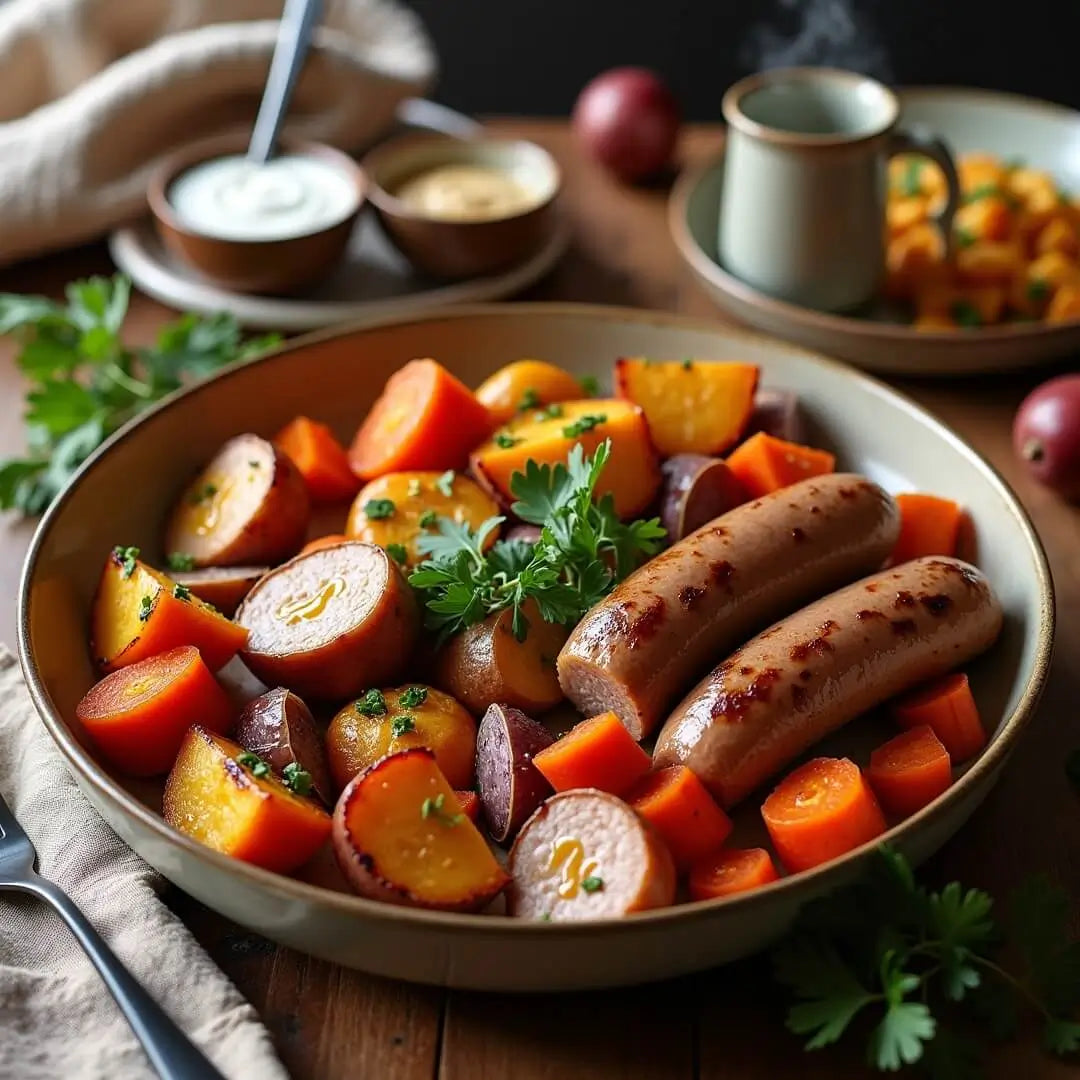 Herzhafte Winter-Ofenbowl mit veganer Bratwurst - fitgrade.ch