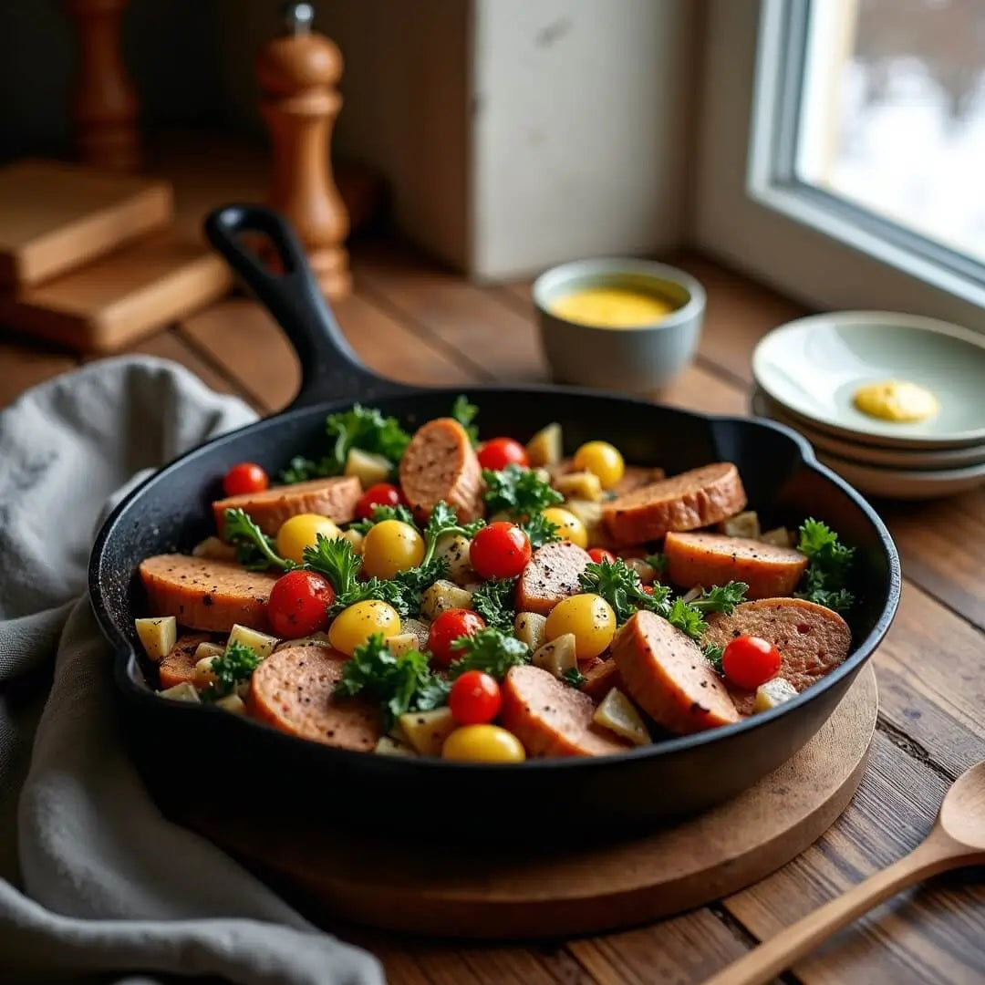 Vegane Bratwurstpfanne mit Kartoffeln und Wintergemuese - fitgrade.ch