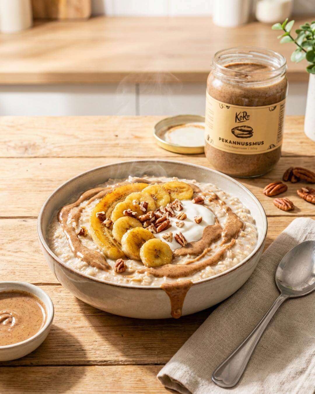 Cremiger Pekannuss-Porridge mit karamellisierter Banane - fitgrade.ch