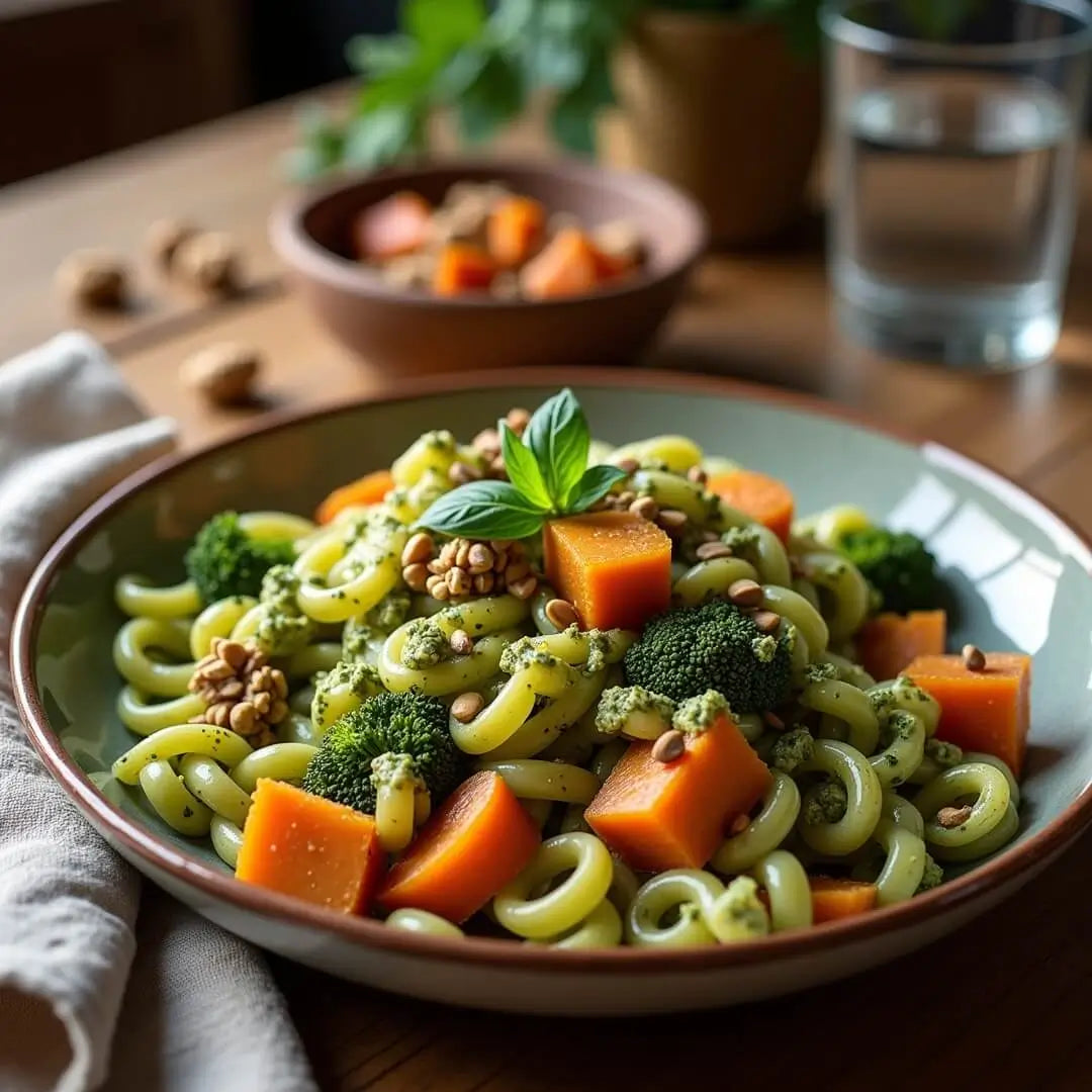 Cremige Ofengemüse-Pasta mit veganem Pesto Verde - fitgrade.ch