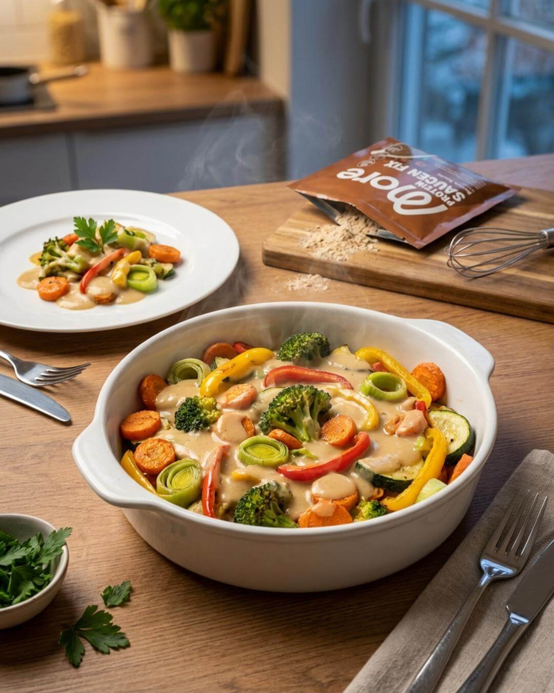 Cremige Protein-Gemüsepfanne aus dem Ofen - fitgrade.ch